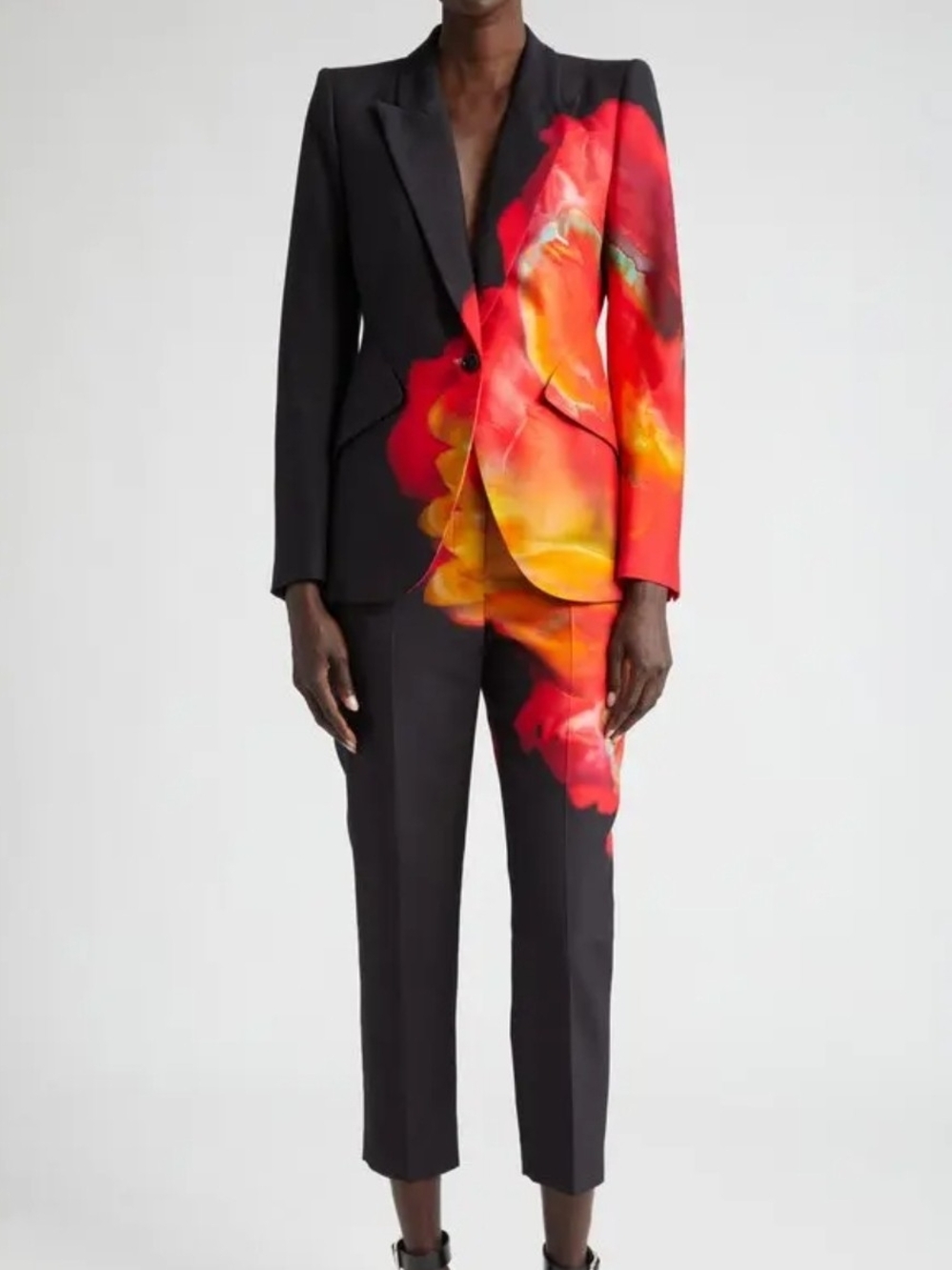 Black Blazer & Trouser Set with Red-Orange Floral Print-plus Suit